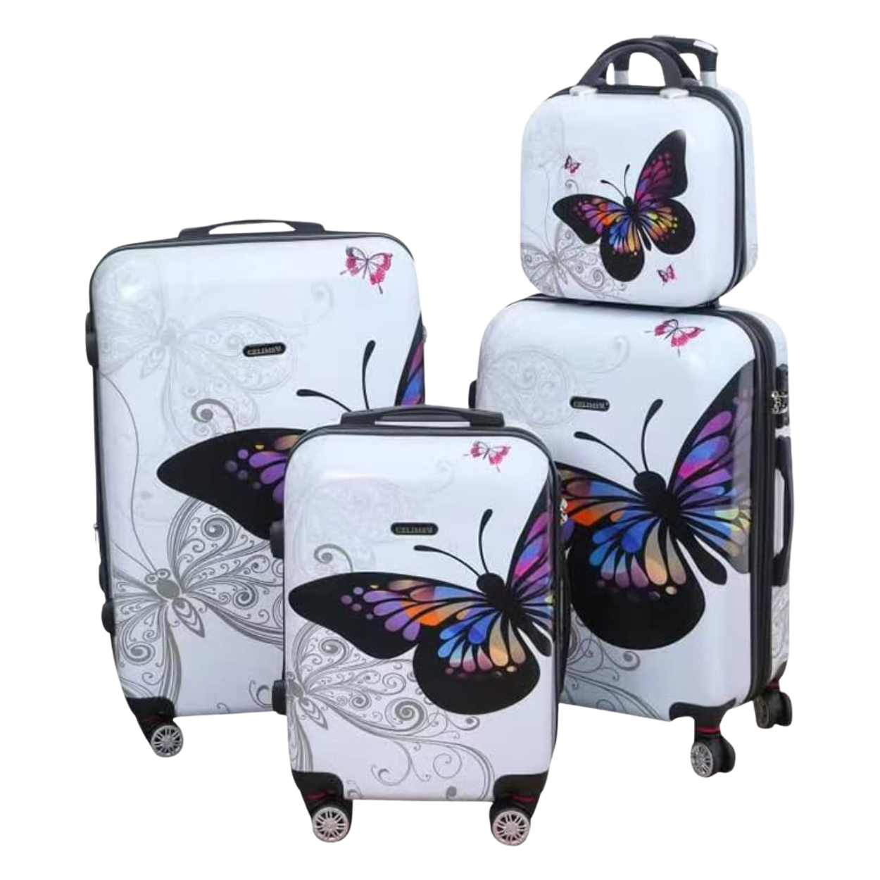 4-teiliges Polycarbonat-Kofferset – Roségoldener Schmetterling (Kabine, mittel, groß + Kosmetikkoffer)