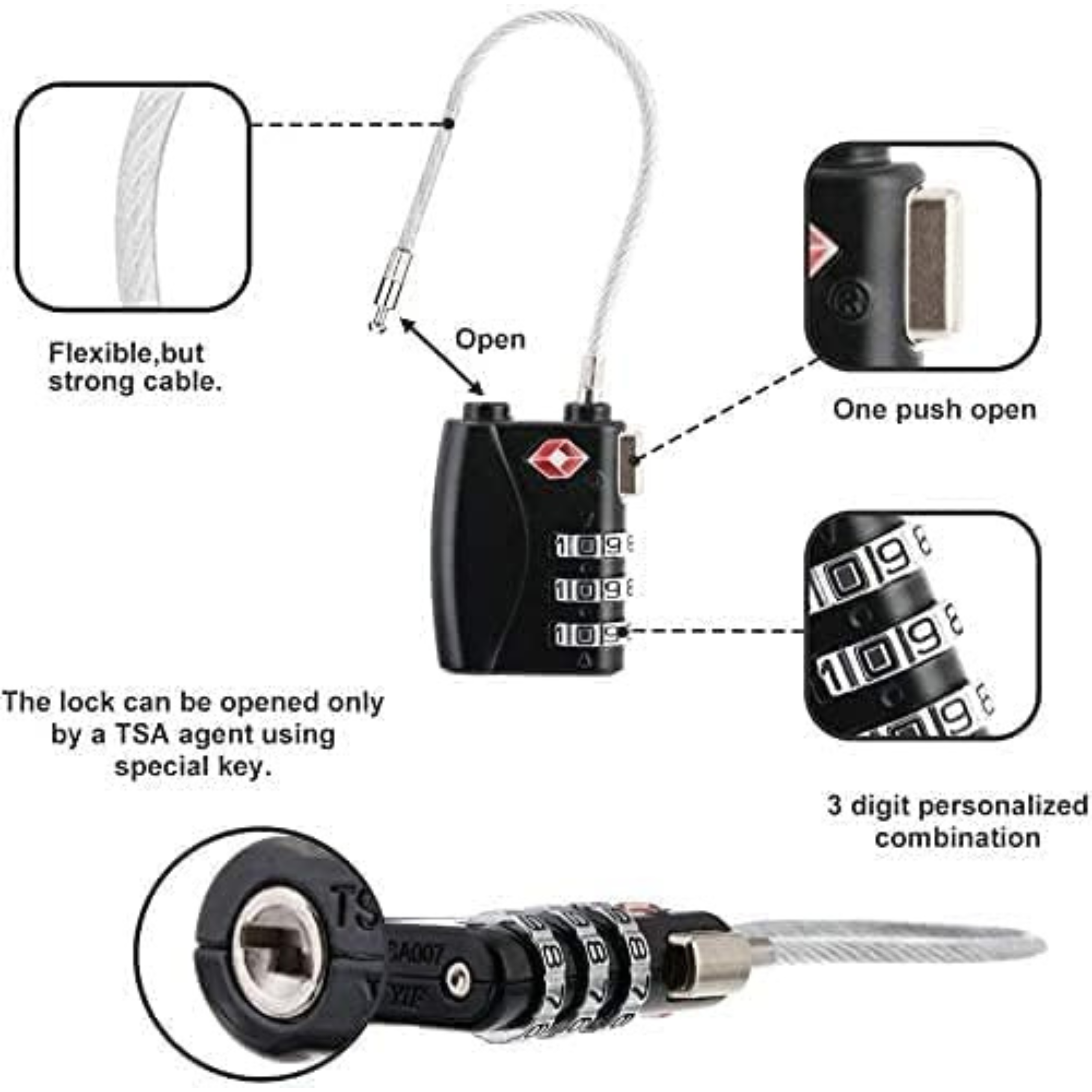 Cadenas TSA Valise Avion | Cadenas Code | Cadenas Valise | Protection Idéale pour Vos Bagages | Noir