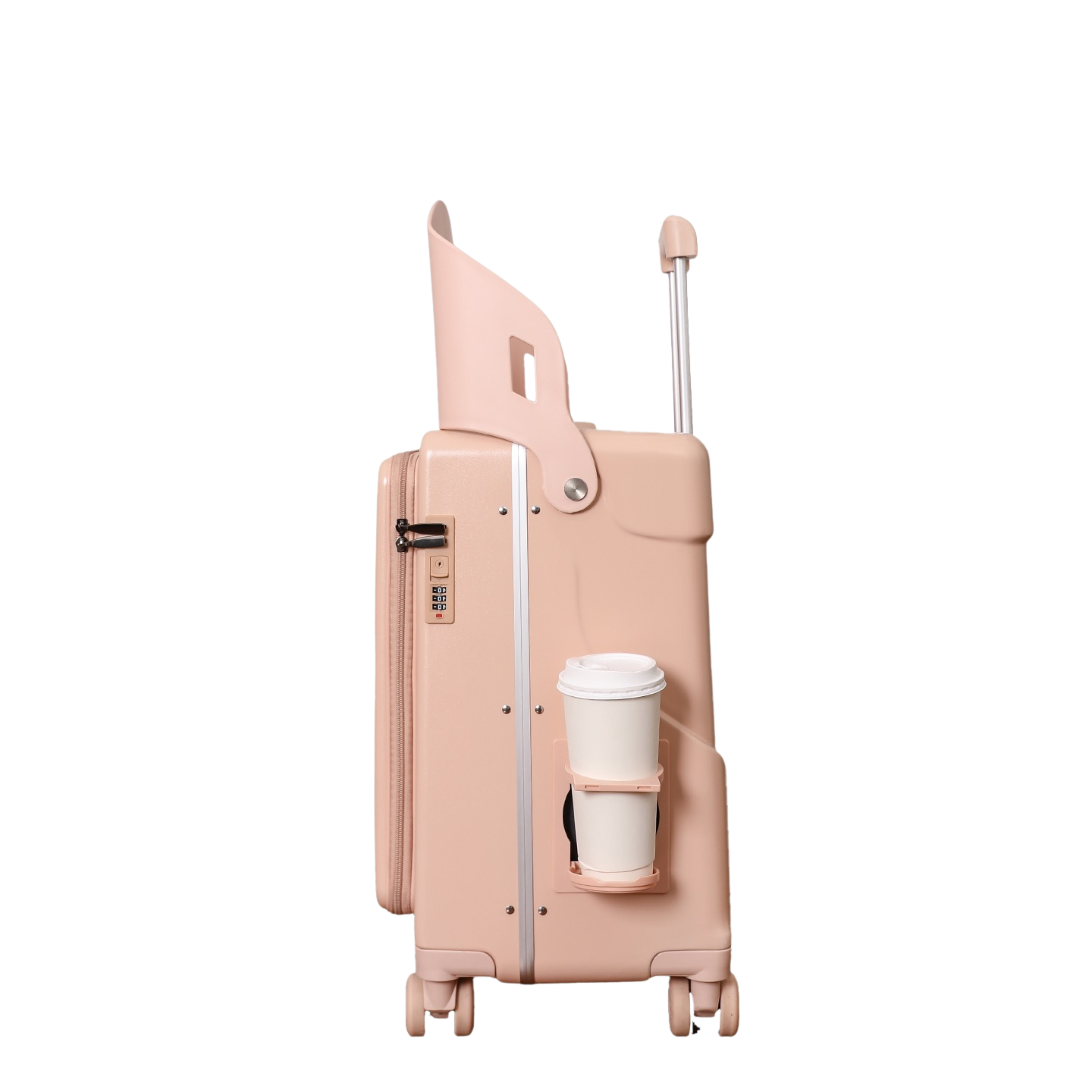 Valise Cabine avec Siège Enfant PopSeat - 55x35x25 - Porte USB - roulettes Ultra Résistantes avec Frein - Porte Gobelet - Cadenas - Rose