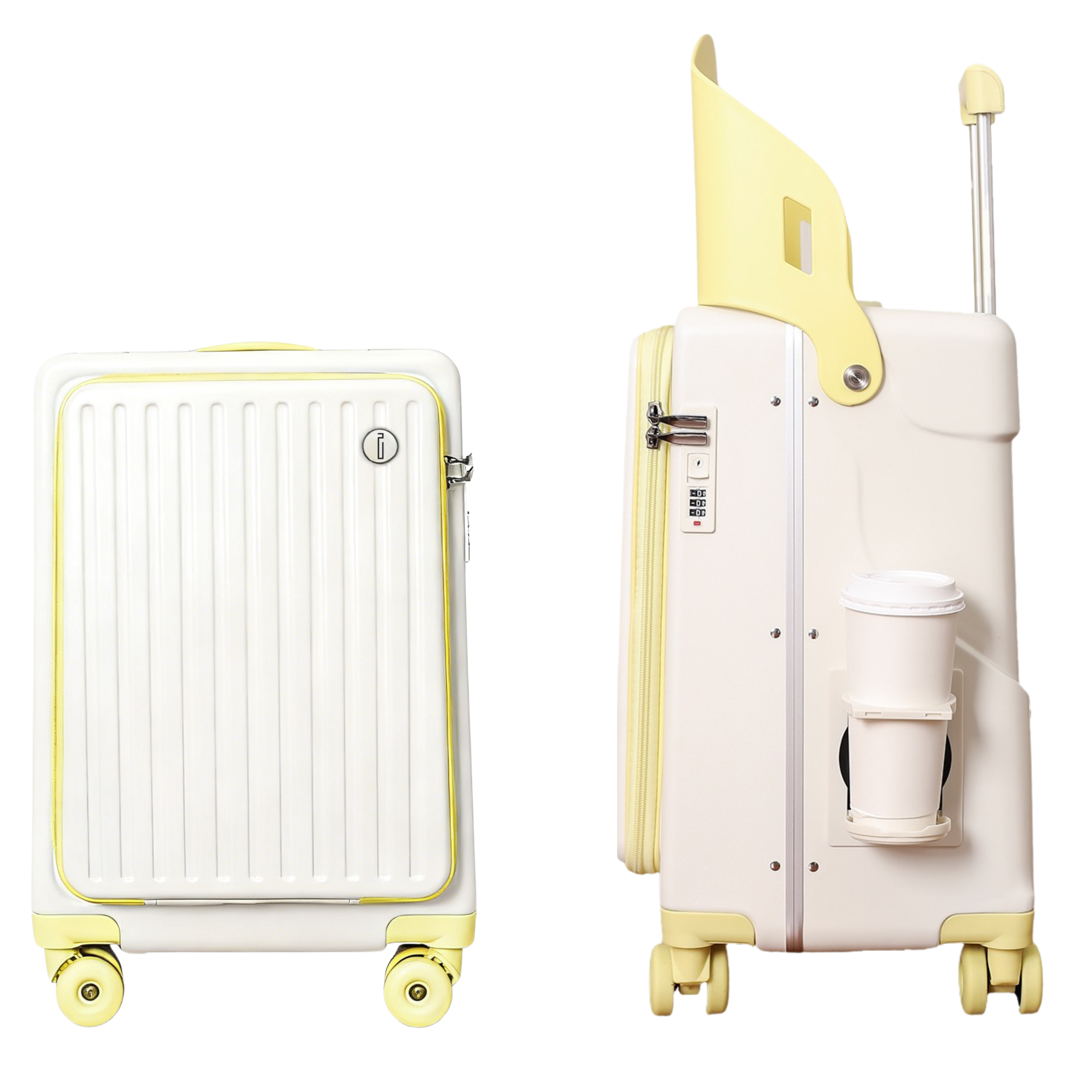 Valise Cabine avec Siège Enfant PopSeat - 55x35x25 - Porte USB - roulettes Ultra Résistantes avec Frein - Porte Gobelet - Cadenas - Blanc et Jaune