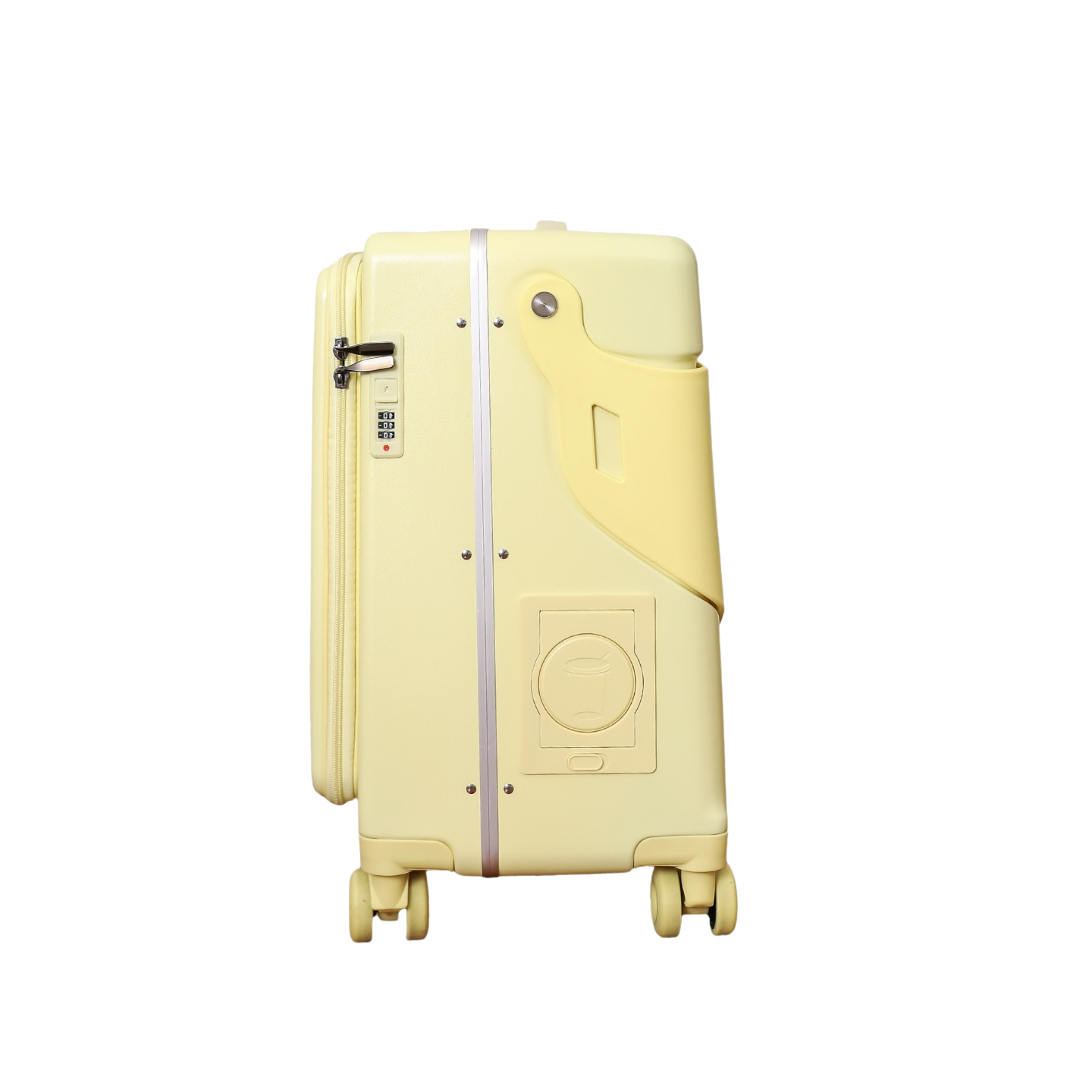 Valise Cabine avec Siège Enfant PopSeat - 55x35x25 - Porte USB - roulettes Ultra Résistantes avec Frein - Porte Gobelet - Cadenas - Blanc et Jaune