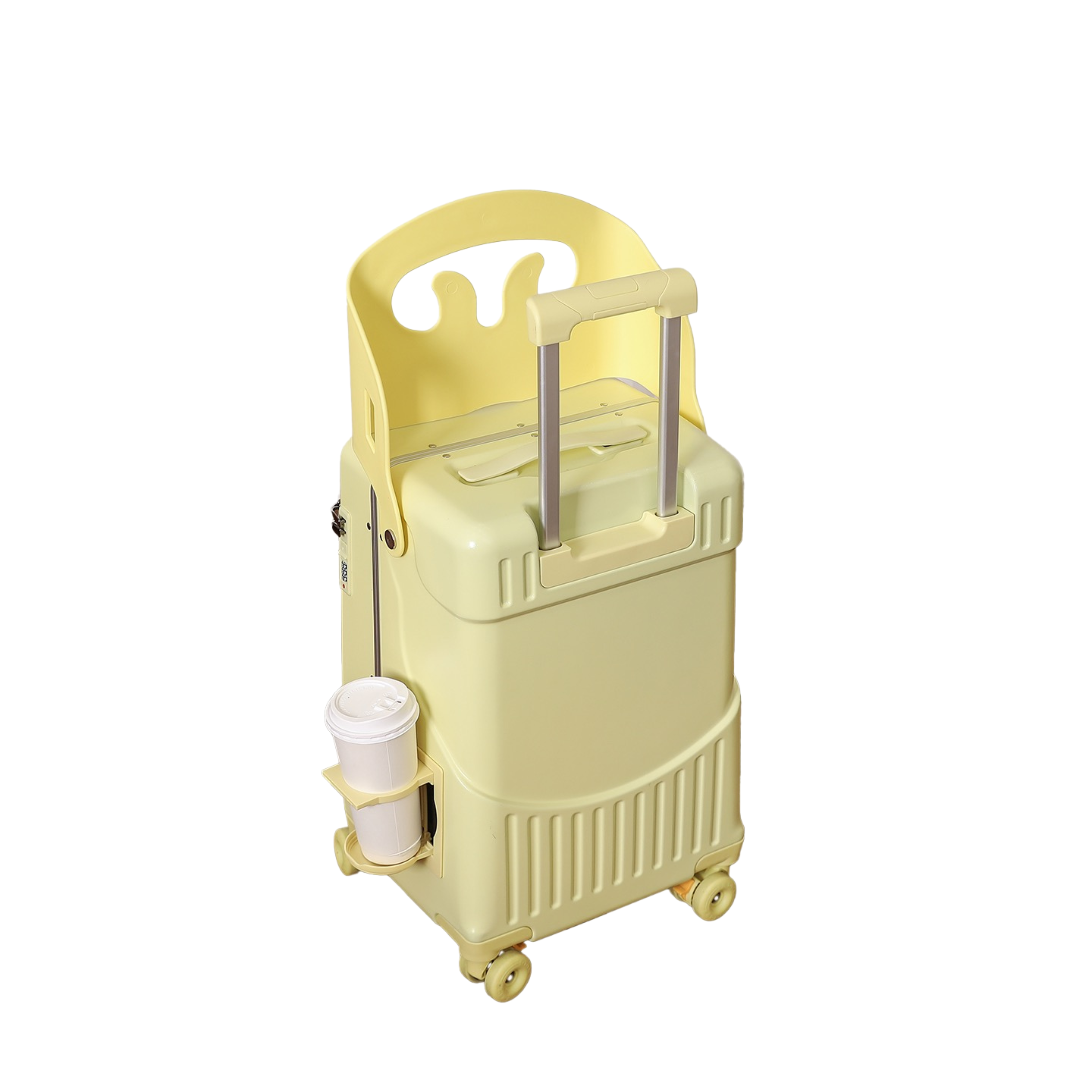 Valise Cabine avec Siège Enfant PopSeat - 55x35x25 - Porte USB - roulettes Ultra Résistantes avec Frein - Porte Gobelet - Cadenas - Blanc et Jaune