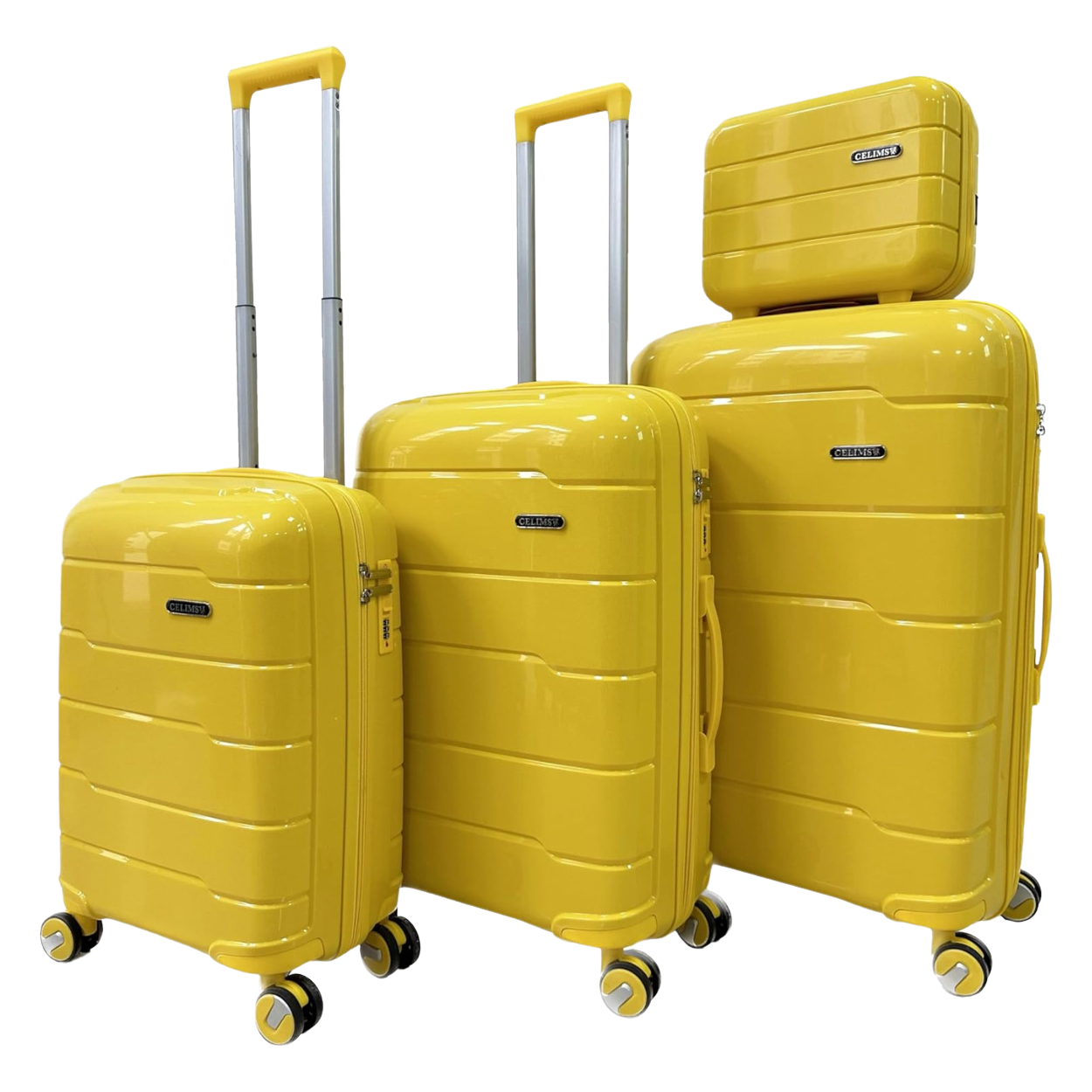 Set di valigie in polipropilene da 4 pezzi | Valigia da cabina | Valigia media | Valigia grande | Vanità – Giallo