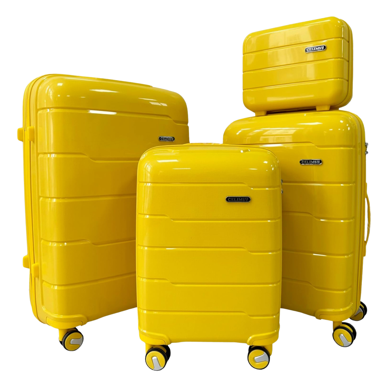 Set di valigie in polipropilene da 4 pezzi | Valigia da cabina | Valigia media | Valigia grande | Vanità – Giallo