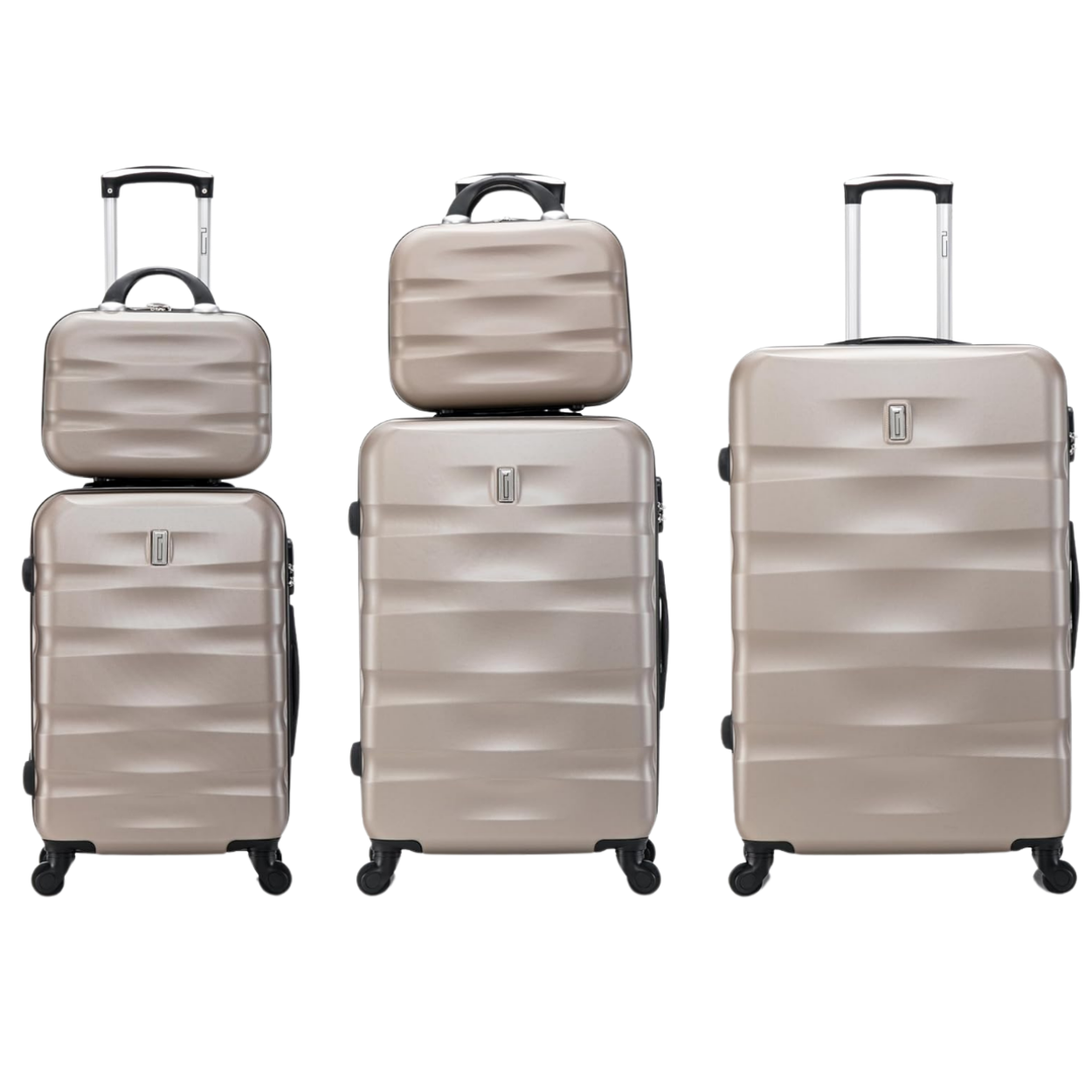 Set di valigie AeroWave da 5 pezzi | Valigia da cabina | Valigia media | Valigia grande | 2x Vanity – Champagne