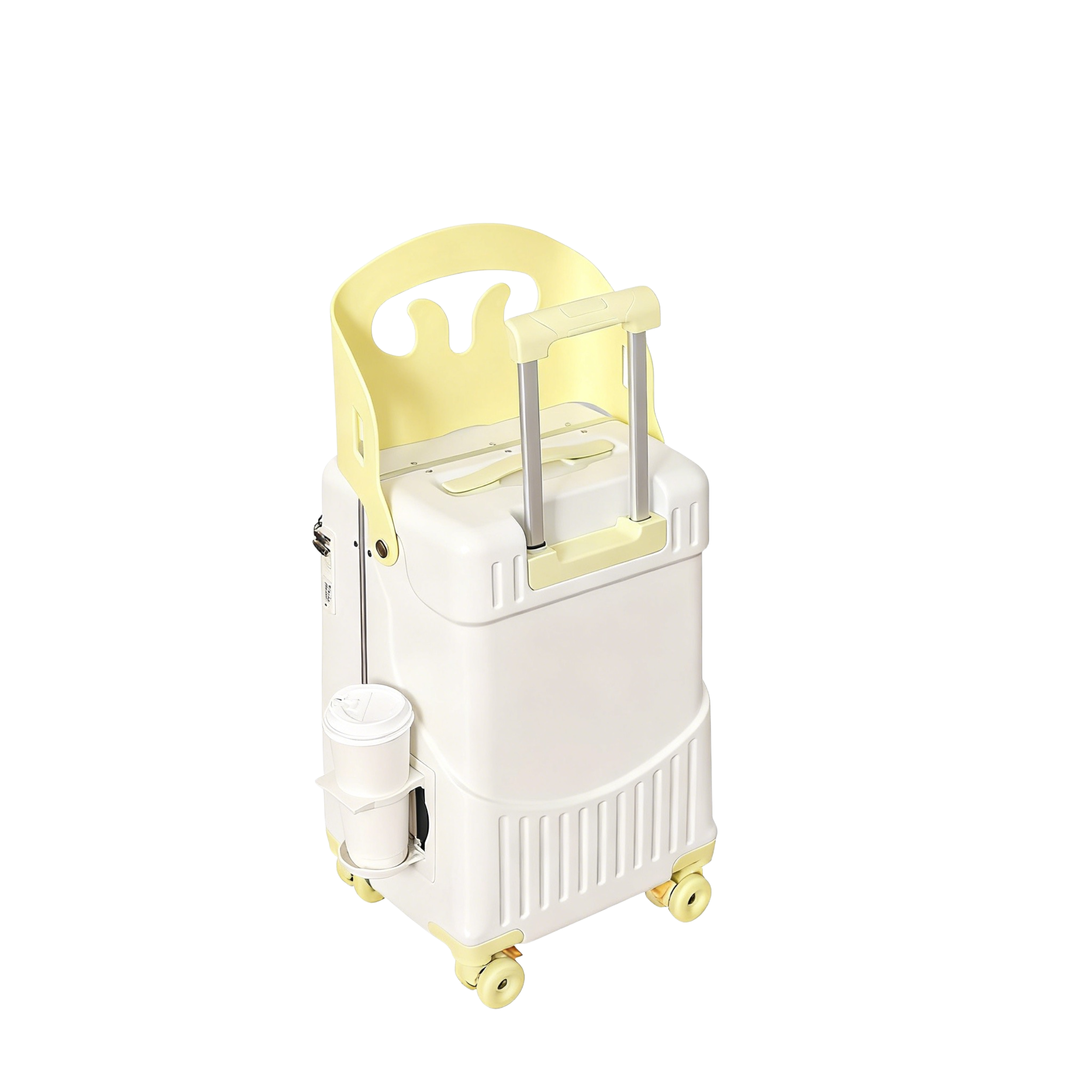 Valise Cabine avec Siège Enfant PopSeat - 55x35x25 - Porte USB - roulettes Ultra Résistantes avec Frein - Porte Gobelet - Cadenas - Blanc et Jaune